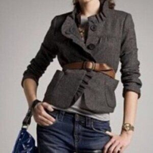 J CREW CROPPED RUFFLED BLAZER GRAY HERRINGBONE SIZE 8